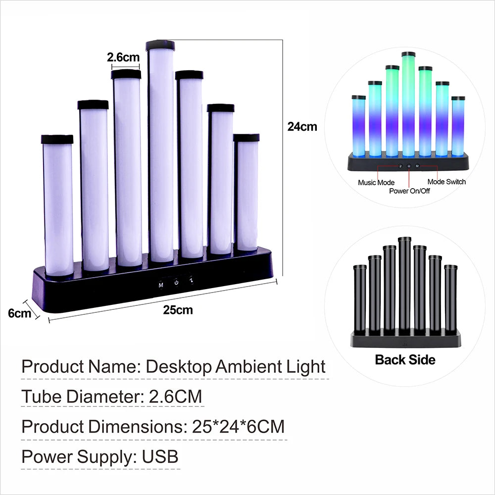 USB 5V RGB Sound Control Music Rhythm Light, LED Ambient Light Bar, Desktop Ornament for Computer Desk Bedroom