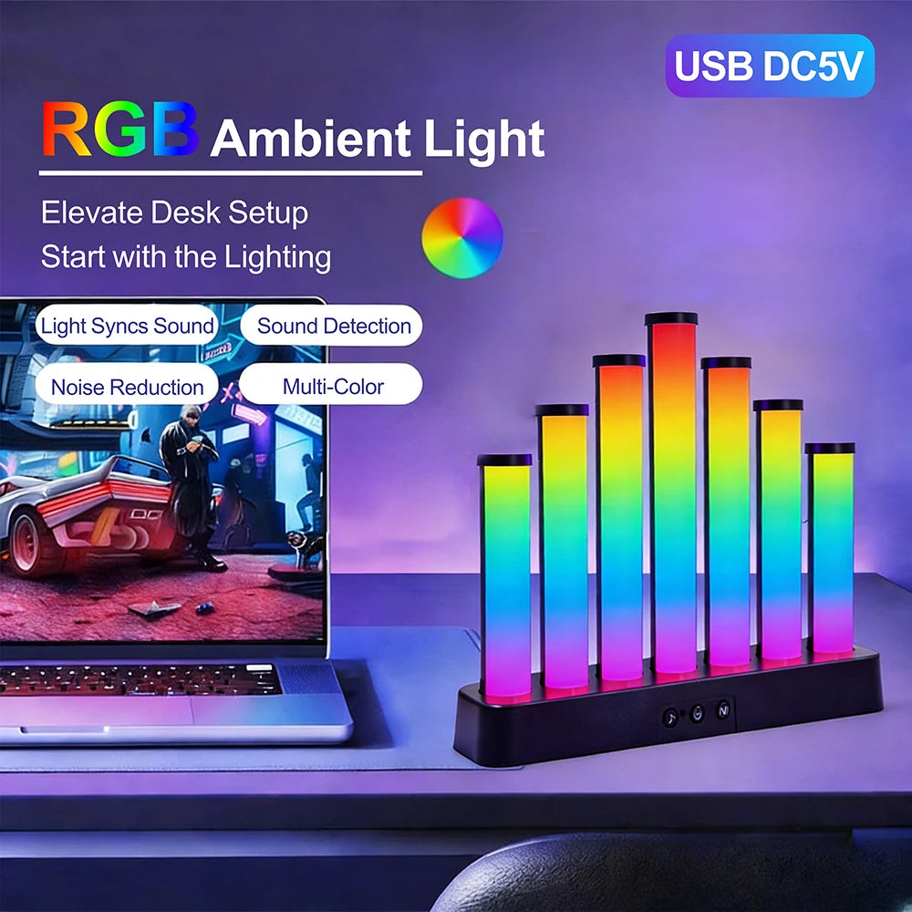 USB 5V RGB Sound Control Music Rhythm Light, LED Ambient Light Bar, Desktop Ornament for Computer Desk Bedroom
