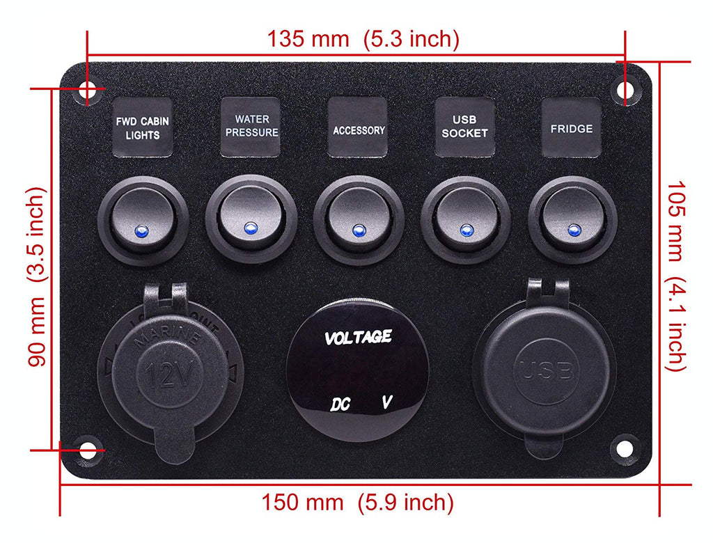 USB Socket Charger + LED Voltmeter + 12V Power Outlet + 5 ON-Off Toggle Switch
