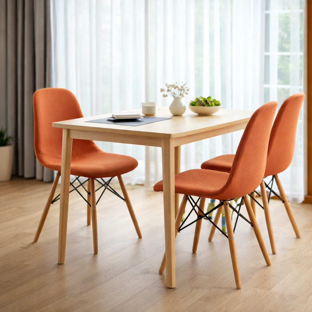 Modern Upholstered Dining Chair – Orange Fabric with Wooden Legs