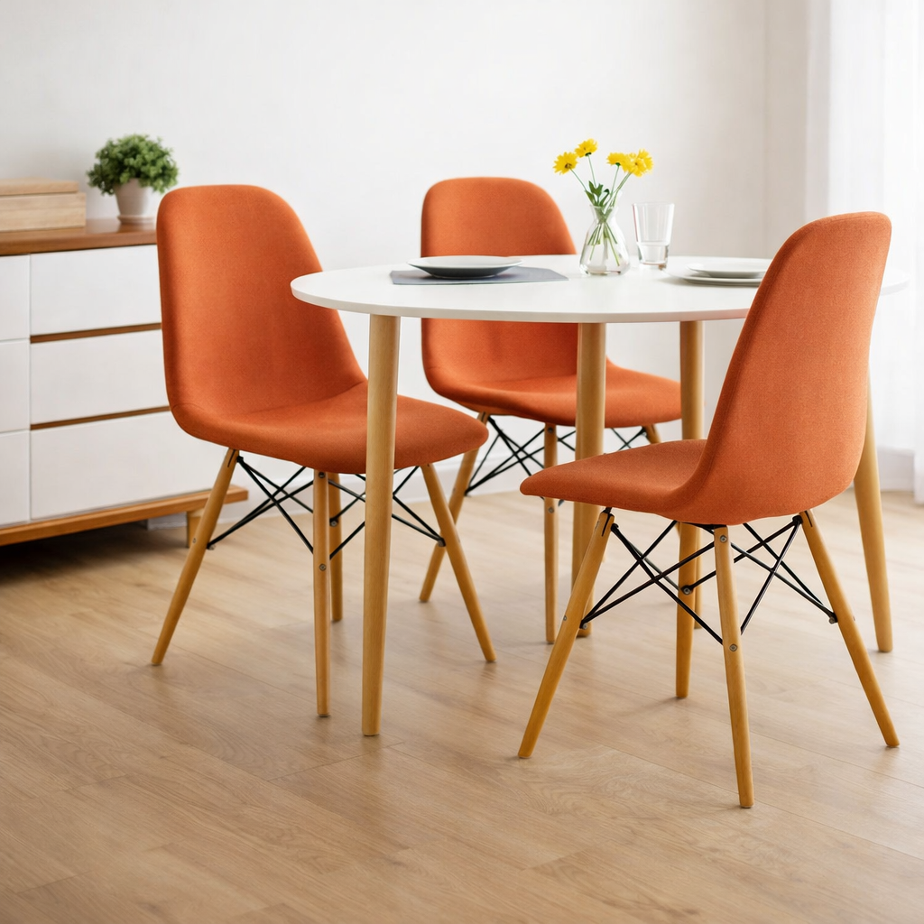 Modern Upholstered Dining Chair – Orange Fabric with Wooden Legs
