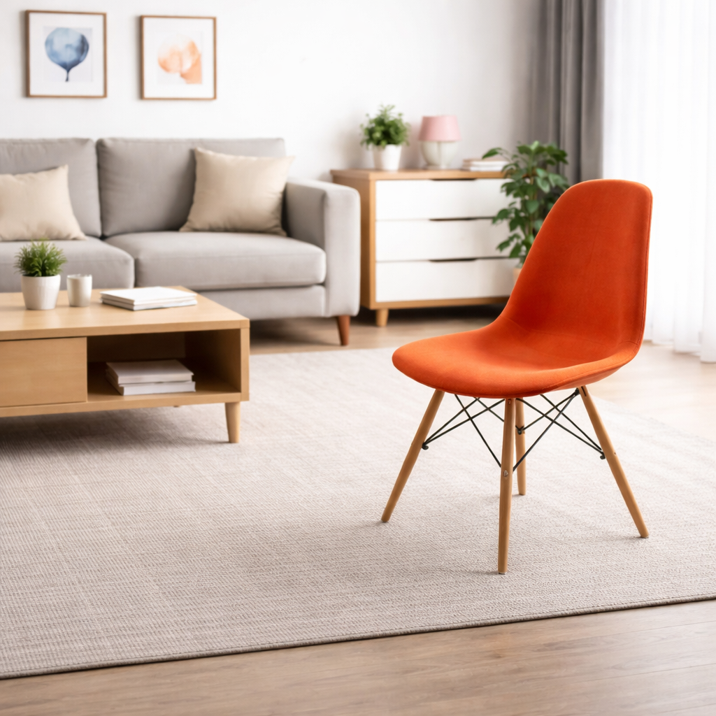 Modern Upholstered Dining Chair – Orange Fabric with Wooden Legs