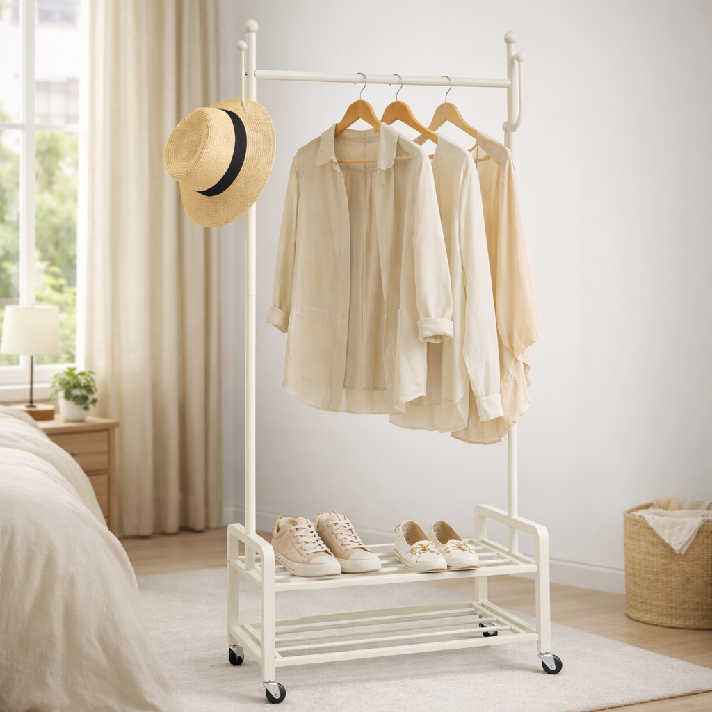 Simple Mobile Clothes Rack with Wheels, Sturdy Floor Coat Rack