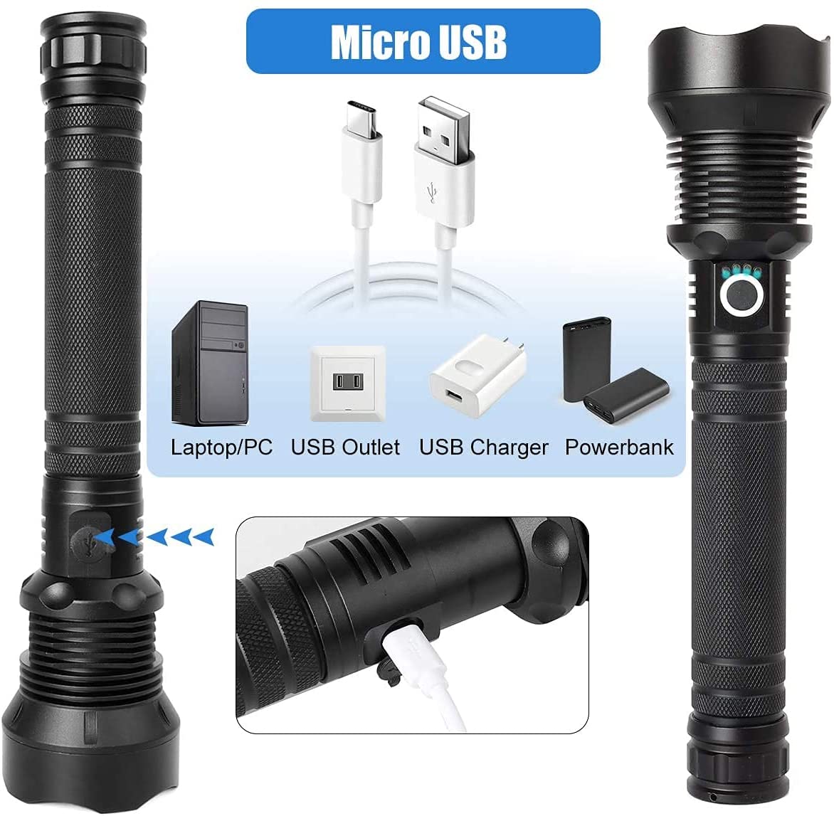 High Power Tactical LED Flashlight – USB Rechargeable & Zoomable