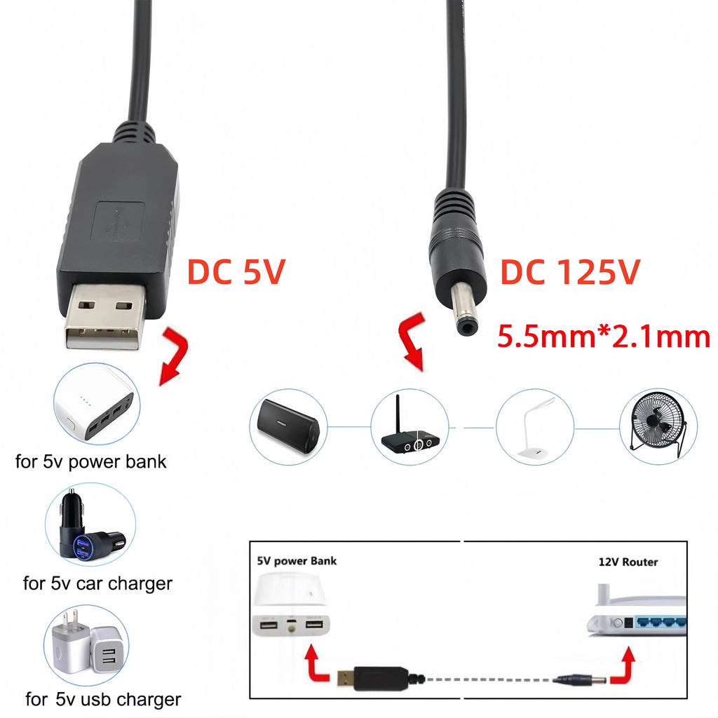 DC 5V to 12V USB Step-Up Converter Adapter Cable 2.1x5.5mm