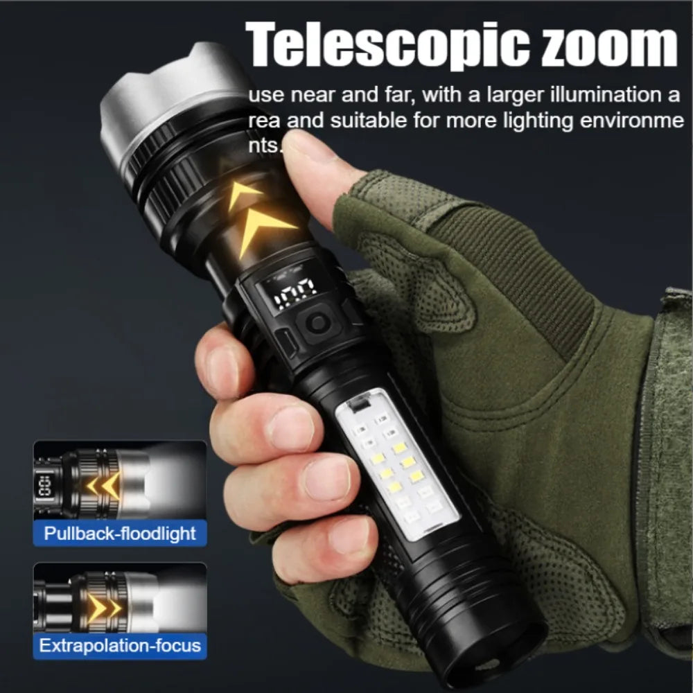 USB Rechargeable LED Flashlight 5 Modes with COB Side Lights Outdoor Emergency Lantern
