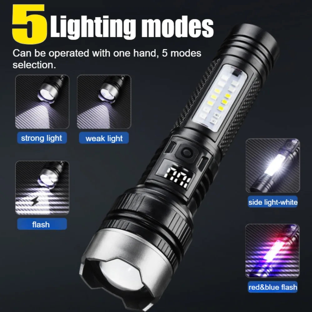 USB Rechargeable LED Flashlight 5 Modes with COB Side Lights Outdoor Emergency Lantern