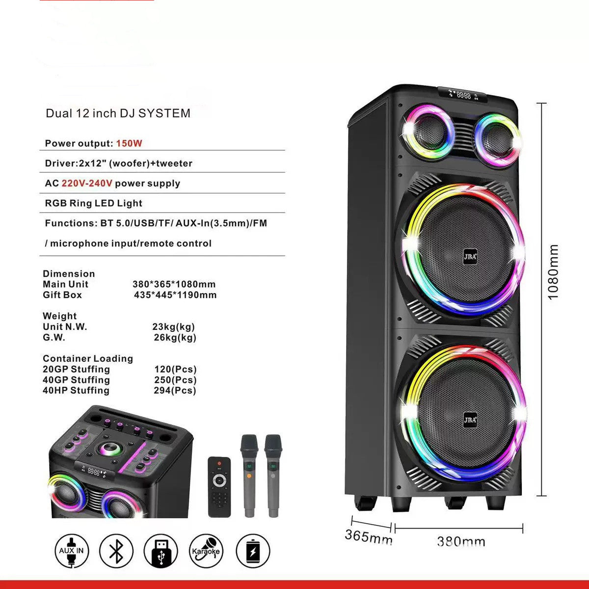 Double 12 Inch Rechargable Party Speakers Bluetooth Loudspeaker Big Karaoke Stereo Subwoofer Bluetooth Speaker