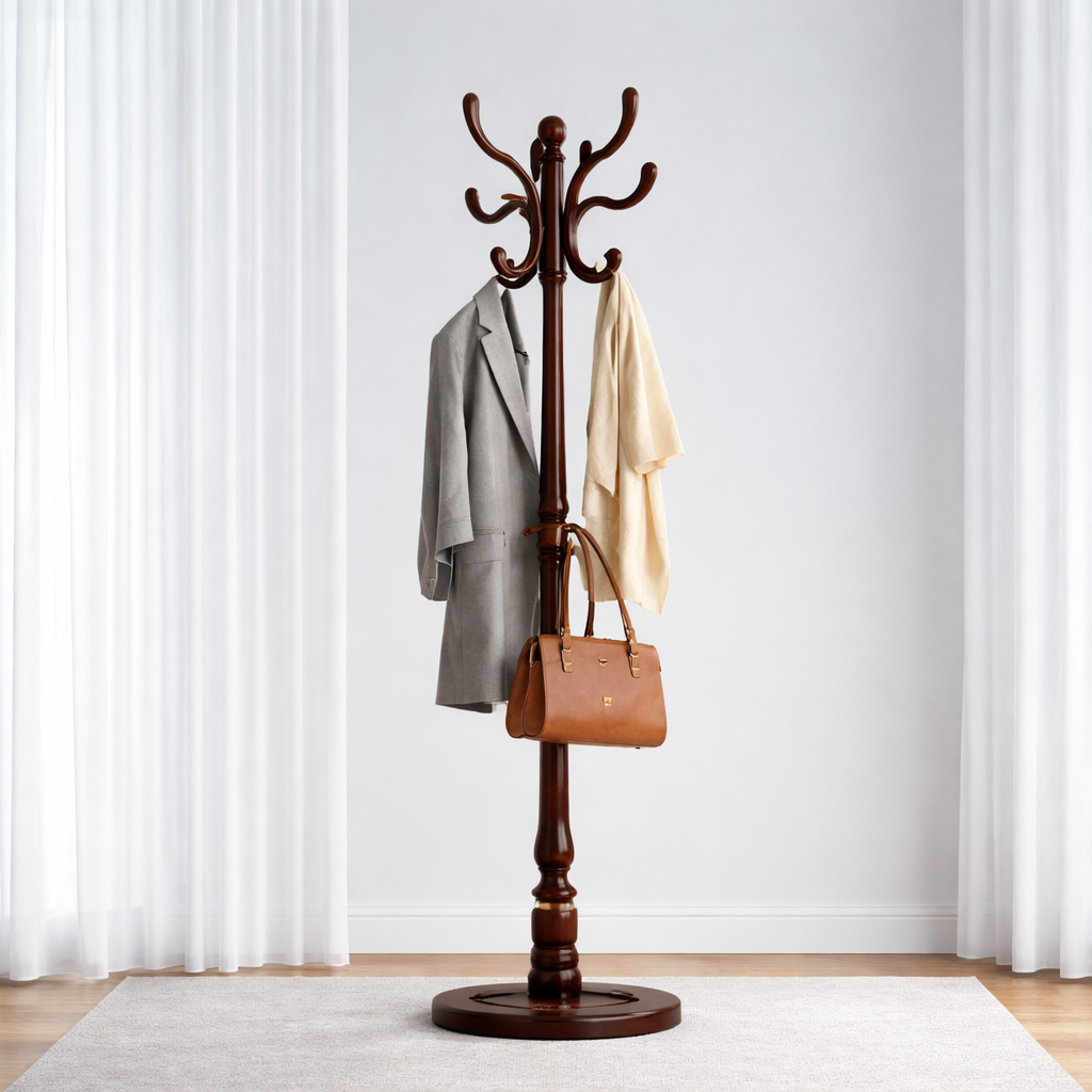 European Style Solid Wood Coat Rack, Single Pole Floor Hanger