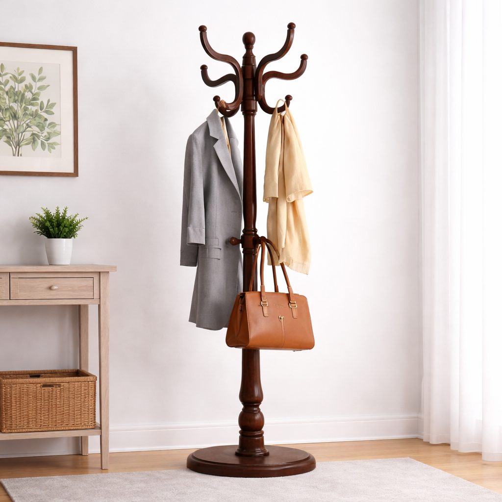 European Style Solid Wood Coat Rack, Single Pole Floor Hanger